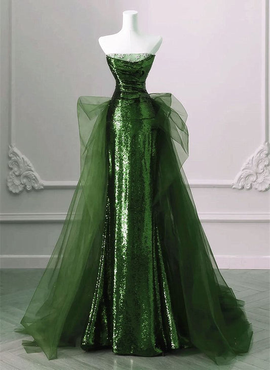 A-line Green Sequins and Tulle Long Prom Dress Green Evening Dress Formal Dress SD1804