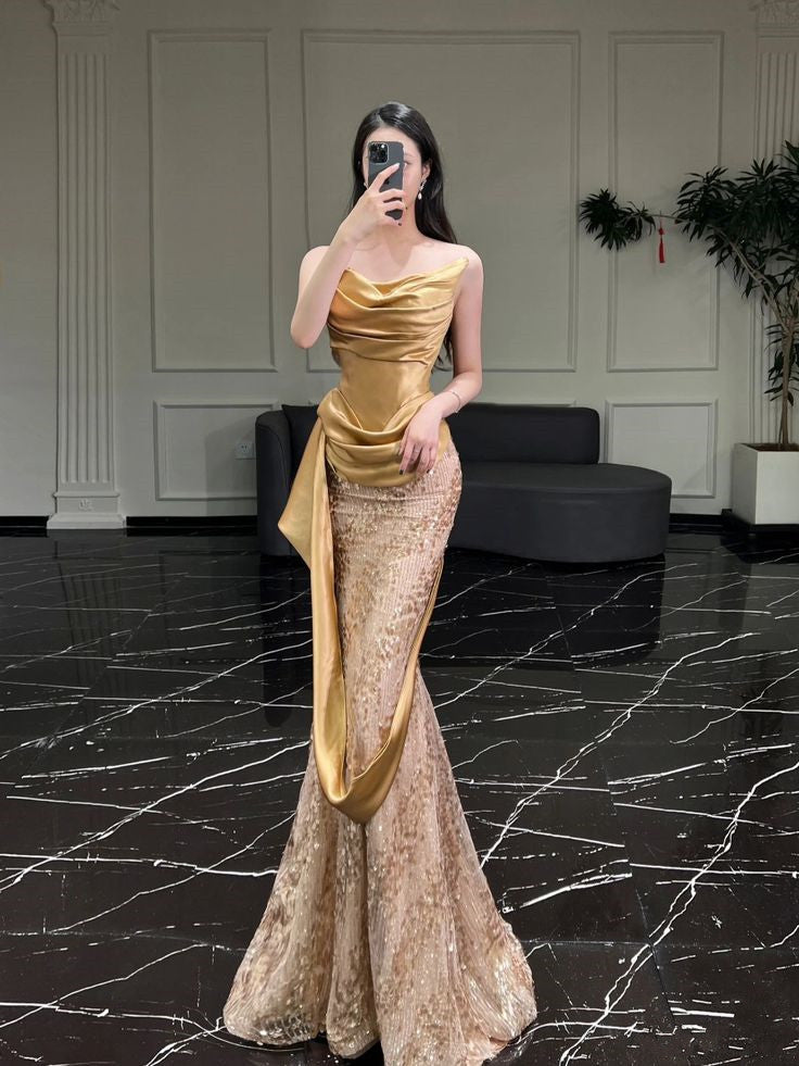 Sexy Mermaid Strapless Gold Satin Long Prom Dresses Evening Gowns SD1808