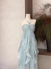 Cute A line Halter Ruffled Floral Blue Summer Holiday Dress Women's Long Vacation Dresses