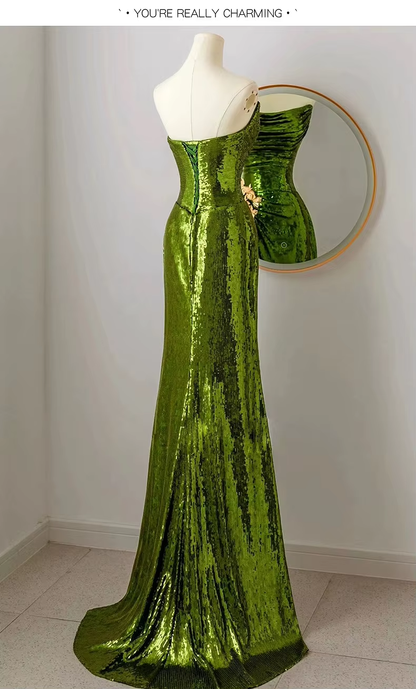 Sexy Mermaid Strapless Dark Green Sequin Long Prom Dresses Evening Gowns SD1810