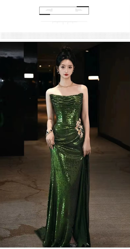 Sexy Mermaid Strapless Dark Green Sequin Long Prom Dresses Evening Gowns SD1810