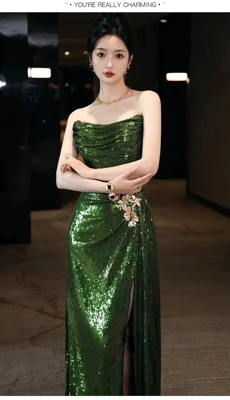 Sexy Mermaid Strapless Dark Green Sequin Long Prom Dresses Evening Gowns SD1810