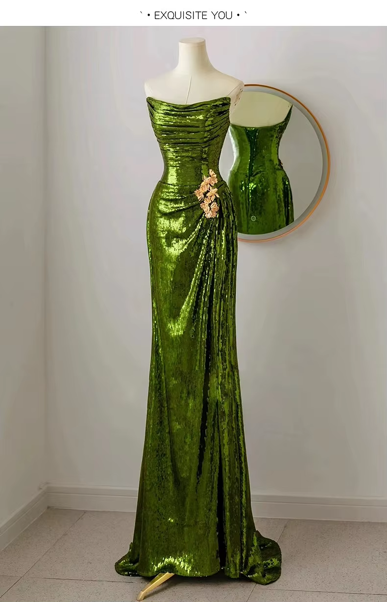 Sexy Mermaid Strapless Dark Green Sequin Long Prom Dresses Evening Gowns SD1810