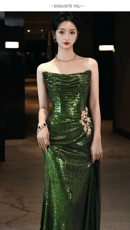 Sexy Mermaid Strapless Dark Green Sequin Long Prom Dresses Evening Gowns SD1810