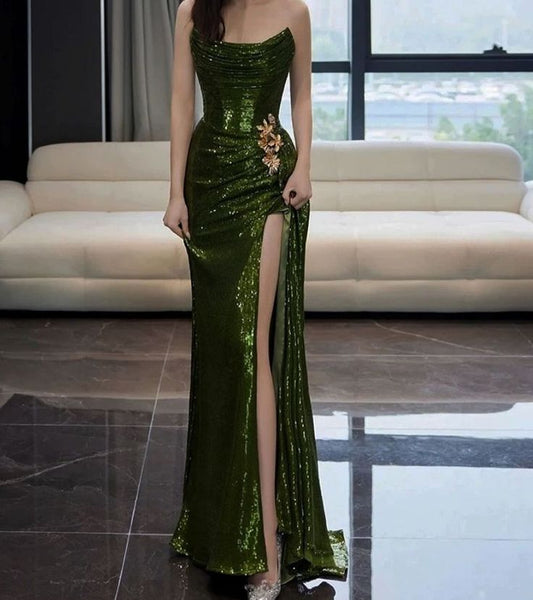 Sexy Mermaid Strapless Dark Green Sequin Long Prom Dresses Evening Gowns SD1810