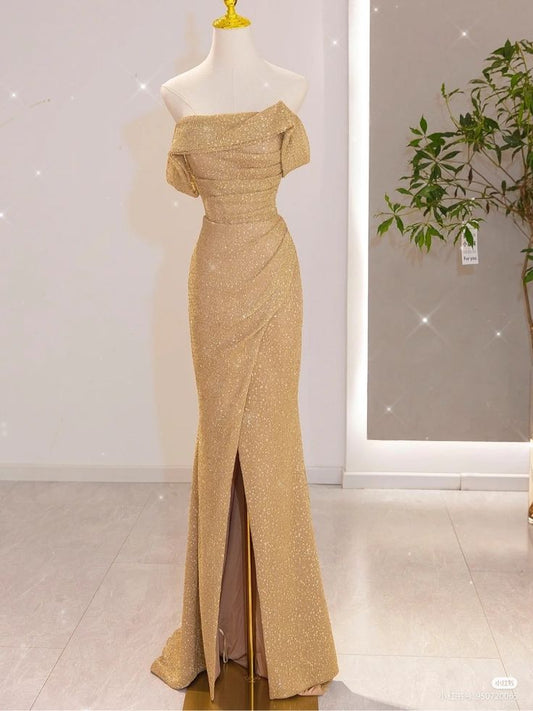 Classy Mermaid Off The Shoulder Gold Slit Sequin Long Party Dress Prom Dresses SD1812