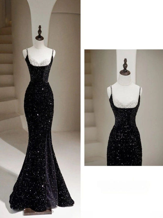 Sexy Mermaid Spaghetti Straps Sequin Black Long Prom Dresses SD1813