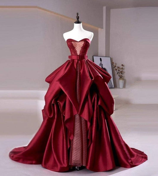 Sexy Ball Gown Sweetheart Burgundy Satin Long Evening Gowns Prom Dresses SD1817