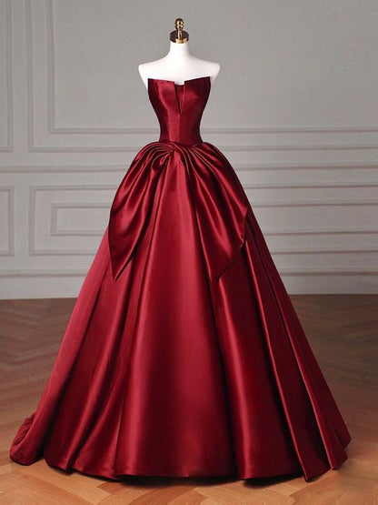 Sexy Ball Gown Strapless Burgundy Satin Long Evening Gowns Prom Dresses SD1823