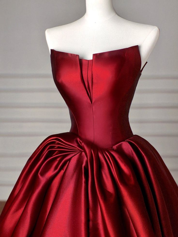 Sexy Ball Gown Strapless Burgundy Satin Long Evening Gowns Prom Dresses SD1823