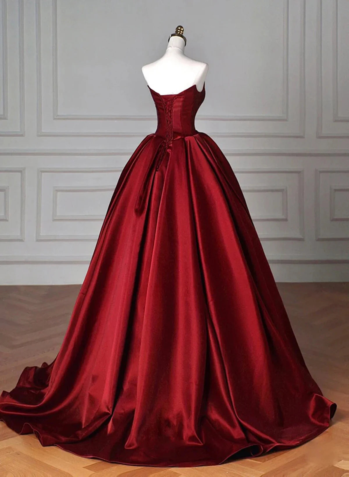 Sexy Ball Gown Strapless Burgundy Satin Long Evening Gowns Prom Dresses SD1823