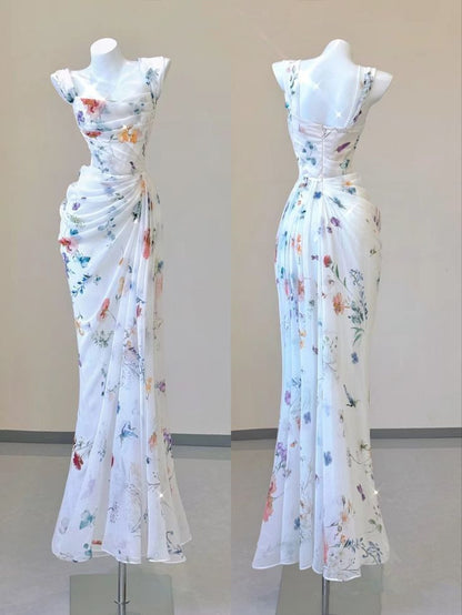 Sexy Mermaid Straps Chiffon Floral Evening Gowns Long Prom Dresses SD1825