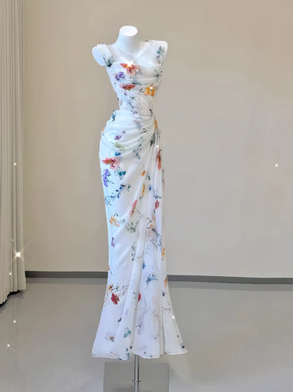 Sexy Mermaid Straps Chiffon Floral Evening Gowns Long Prom Dresses SD1825