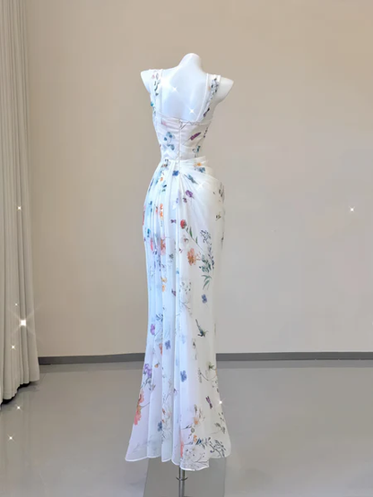 Sexy Mermaid Straps Chiffon Floral Evening Gowns Long Prom Dresses SD1825