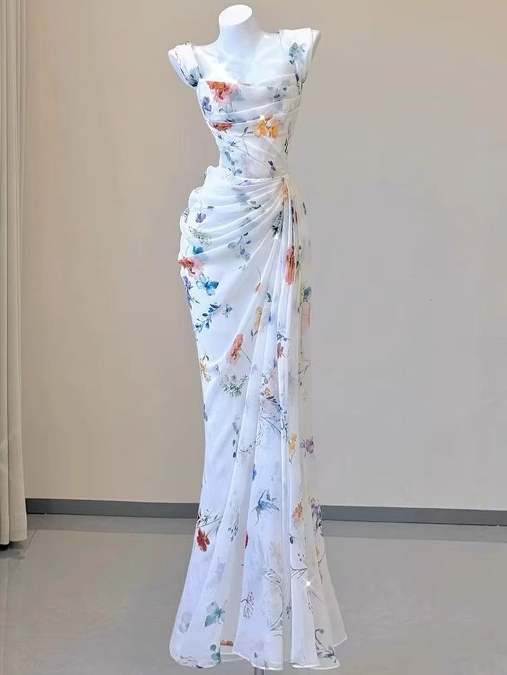 Sexy Mermaid Straps Chiffon Floral Evening Gowns Long Prom Dresses SD1825