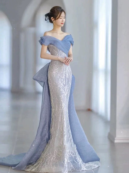 Classy Mermaid Off The Shoulder Blue Sequin Long Party Dress Prom Dresses SD1826