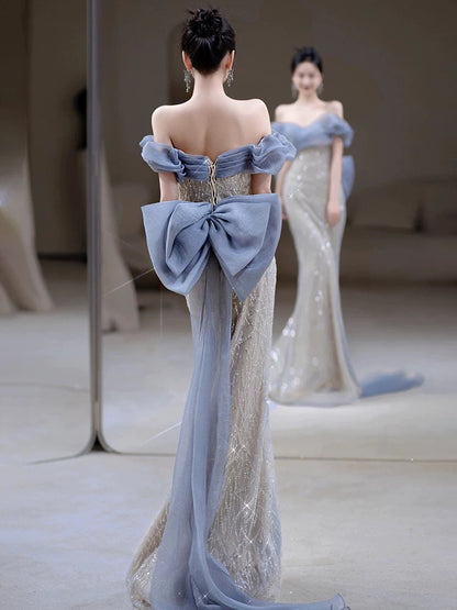 Classy Mermaid Off The Shoulder Blue Sequin Long Party Dress Prom Dresses SD1826