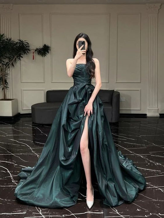 Sexy Ball Gown Strapless Dark Green Satin Long Evening Gowns Prom Dresses SD1831