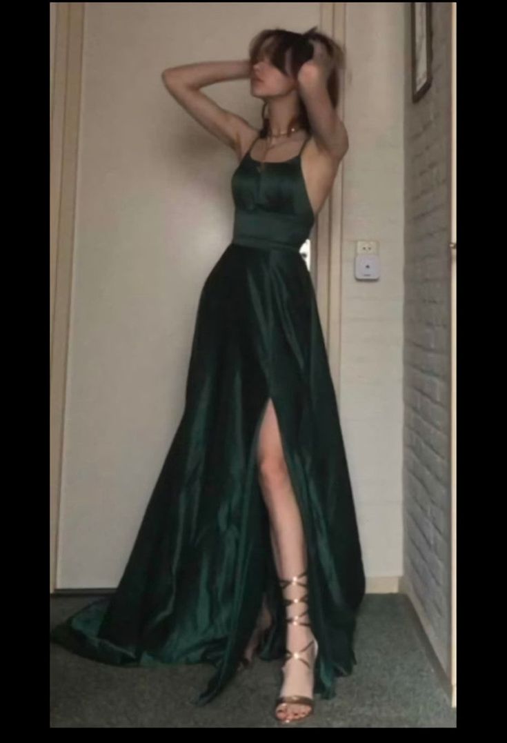 Sexy A Line Halter Dark Green Satin Long Evening Gowns Prom Dresses SD1832