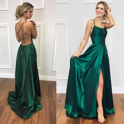 Sexy A Line Halter Dark Green Satin Long Evening Gowns Prom Dresses SD1832