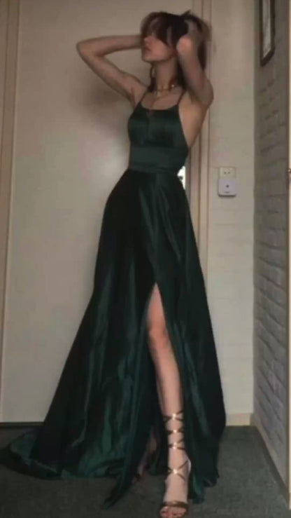 Sexy A Line Halter Dark Green Satin Long Evening Gowns Prom Dresses SD1832