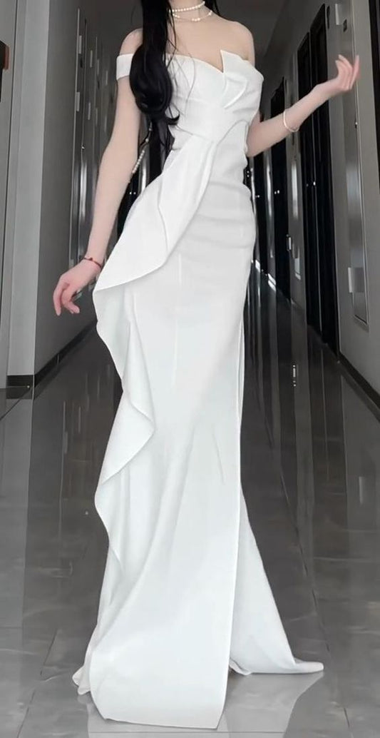 Sexy Mermaid Strapless White Satin Long Evening Gowns Prom Dresses SD1834