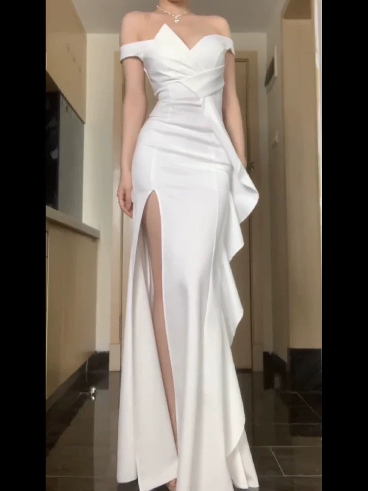 Sexy Mermaid Strapless White Satin Long Evening Gowns Prom Dresses SD1834