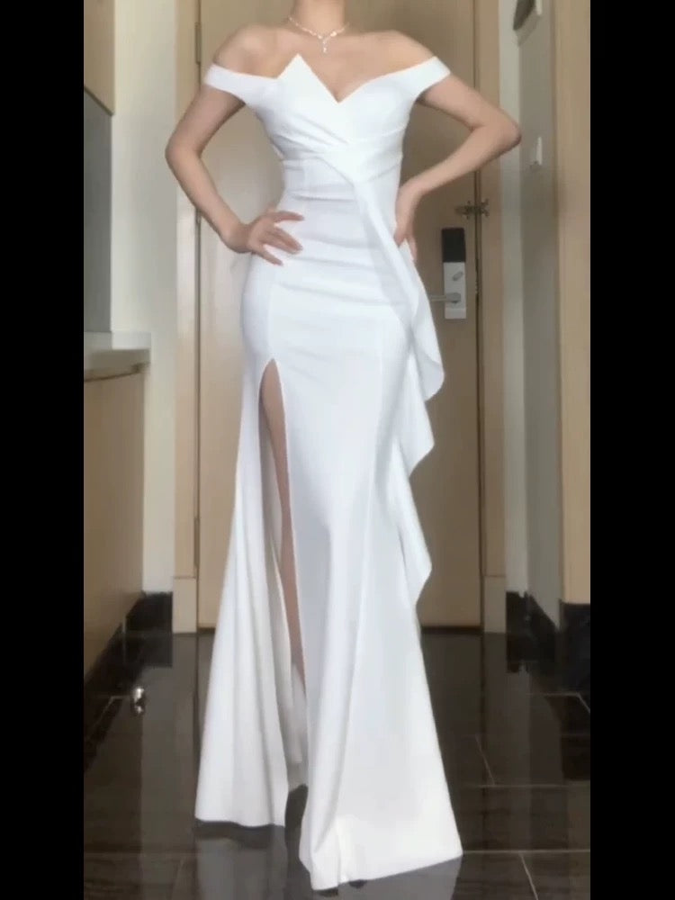 Sexy Mermaid Strapless White Satin Long Evening Gowns Prom Dresses SD1834