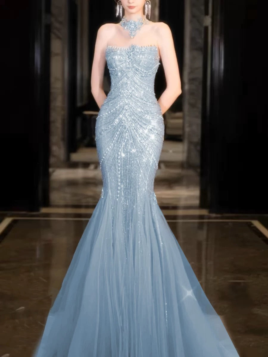 Classy Mermaid High Neckline Tulle Blue Beads Long Party Dress Prom Dresses SD1838