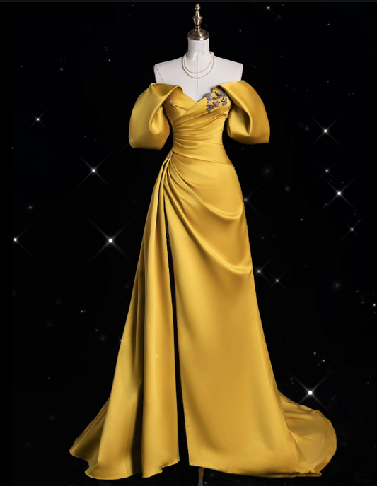 Modest A line Off The Shoulder Yellow Satin Party Dress Long Prom Dress Evening Dresses SD1848