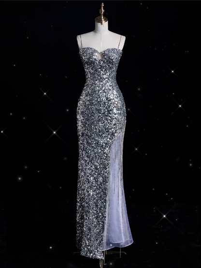 Aesthetic Sheath Spaghetti Straps Sequin Silver Long Evening Dress Prom Dresses SD1851