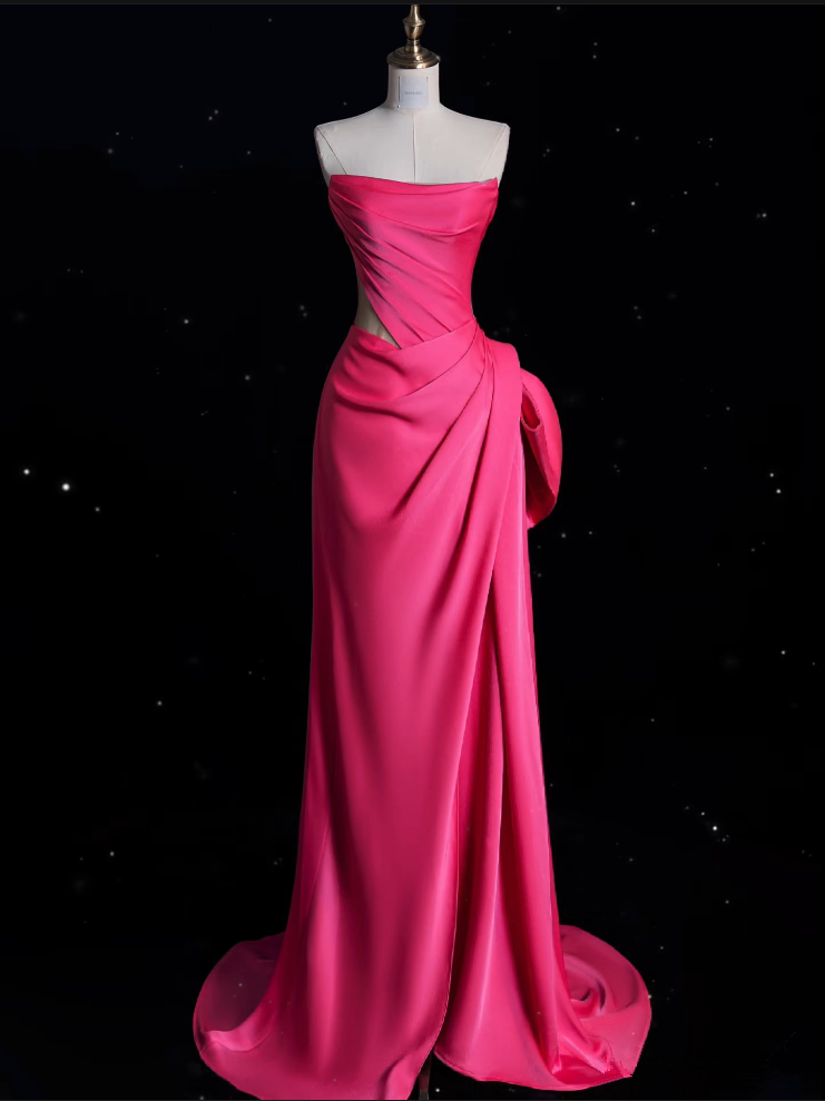 Modest Mermaid Strapless Pink Satin Party Dress Long Prom Dress Evening Dresses SD1852