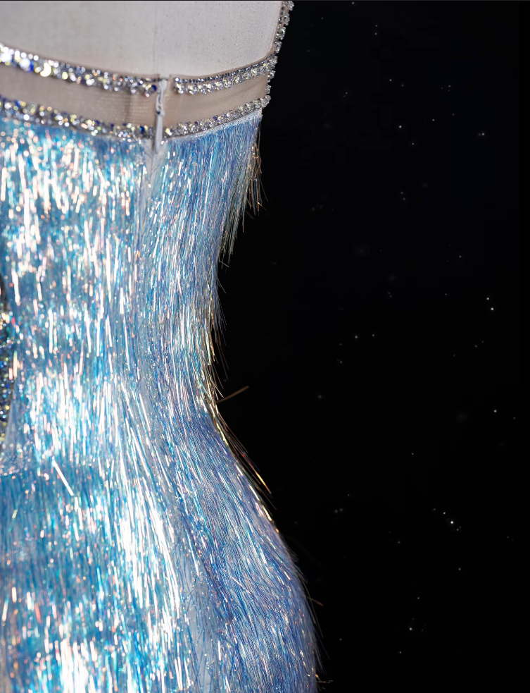 Modest Mermaid Straps Sequin Blue Party Dress Long Prom Dress Evening Dresses With Tassel SD1857