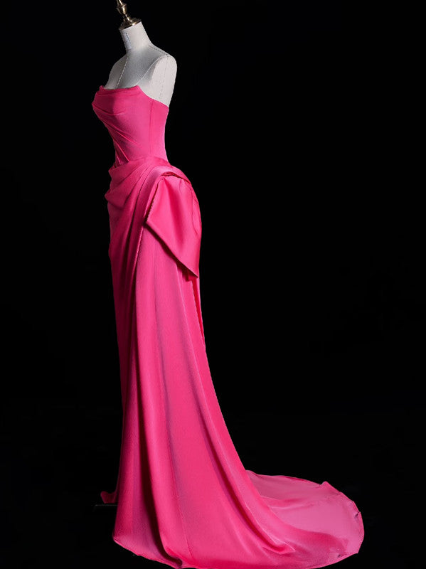 Modest Mermaid Strapless Pink Satin Party Dress Long Prom Dress Evening Dresses SD1852