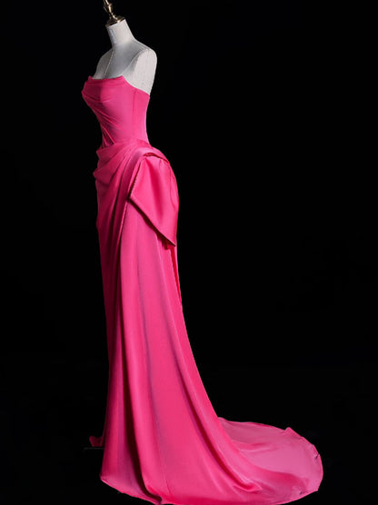 Modest Mermaid Strapless Pink Satin Party Dress Long Prom Dress Evening Dresses SD1852