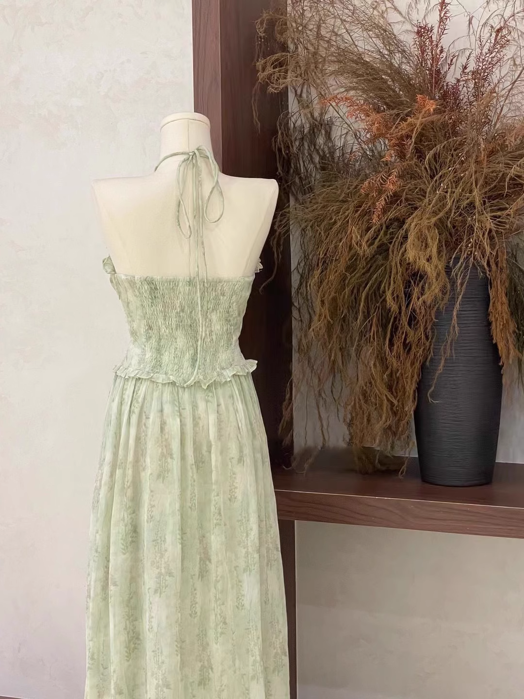 Cute A line Halter Ruffled Sage Green Long Women's Vacation Holiday Dresses SD185