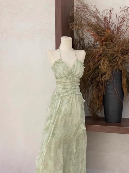 Cute A line Halter Ruffled Sage Green Long Women's Vacation Holiday Dresses SD185