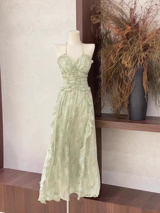 Cute A line Halter Ruffled Sage Green Long Women's Vacation Holiday Dresses SD185