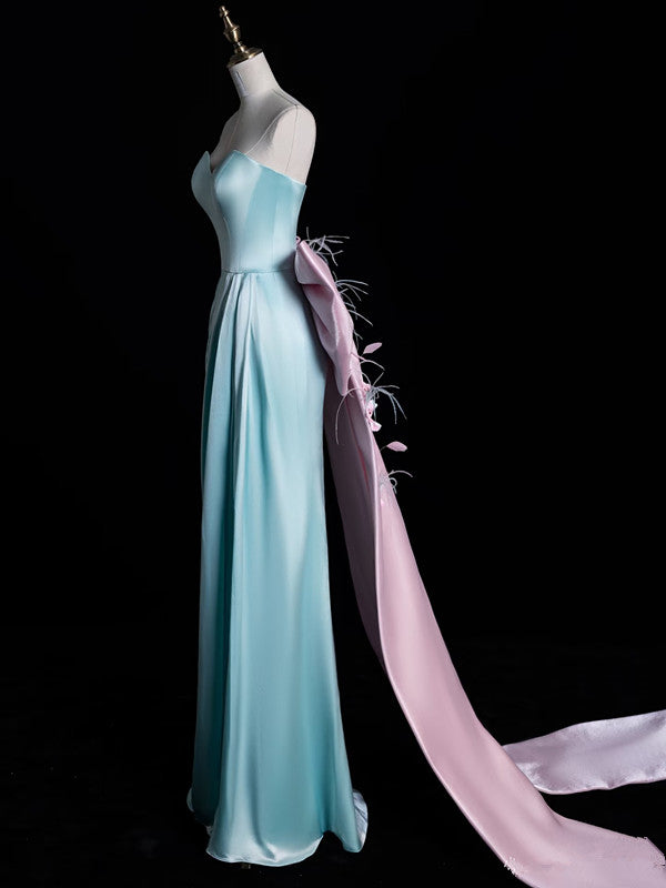 Modest A Line Sweetheart Blue Satin Party Dress Long Prom Dress Evening Dresses SD1853