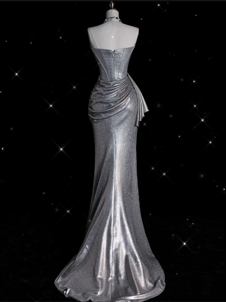 Sexy Mermaid Strapless Sequin Silver Evening Gowns Long Prom Dresses SD1868