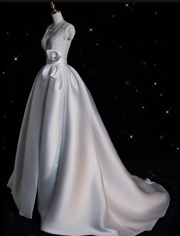 Aesthetic Ball Gown V Neckline Satin White Long Wedding Dresses Brides Dress SD1869