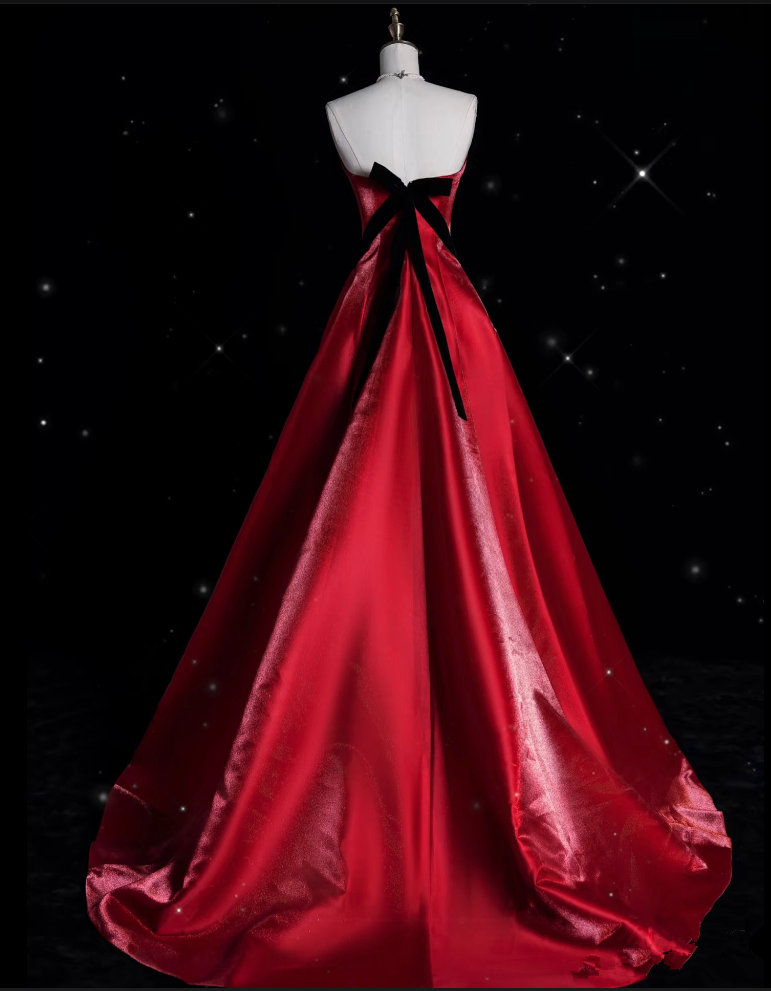 Sexy Ball Gown Strapless Red Satin Evening Gowns Long Prom Dresses SD1871