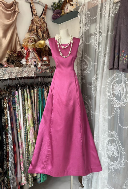 Vintage Fashion A line Floor Length Pink Satin Evening Dress Prom Dresses SD1874