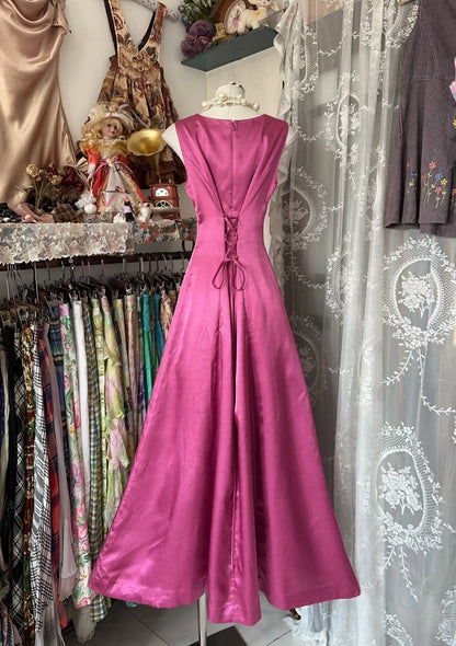 Vintage Fashion A line Floor Length Pink Satin Evening Dress Prom Dresses SD1874