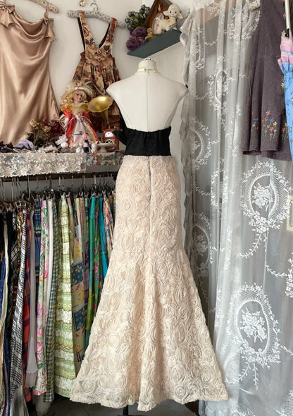 Vintage Fashion Mermaid Strapless Floor Length Champagne Lace Evening Dress Prom Dresses SD1875