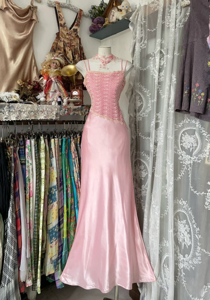 Vintage Fashion Mermaid Straps Floor Length Pink Lace Evening Dress Prom Dresses SD1876