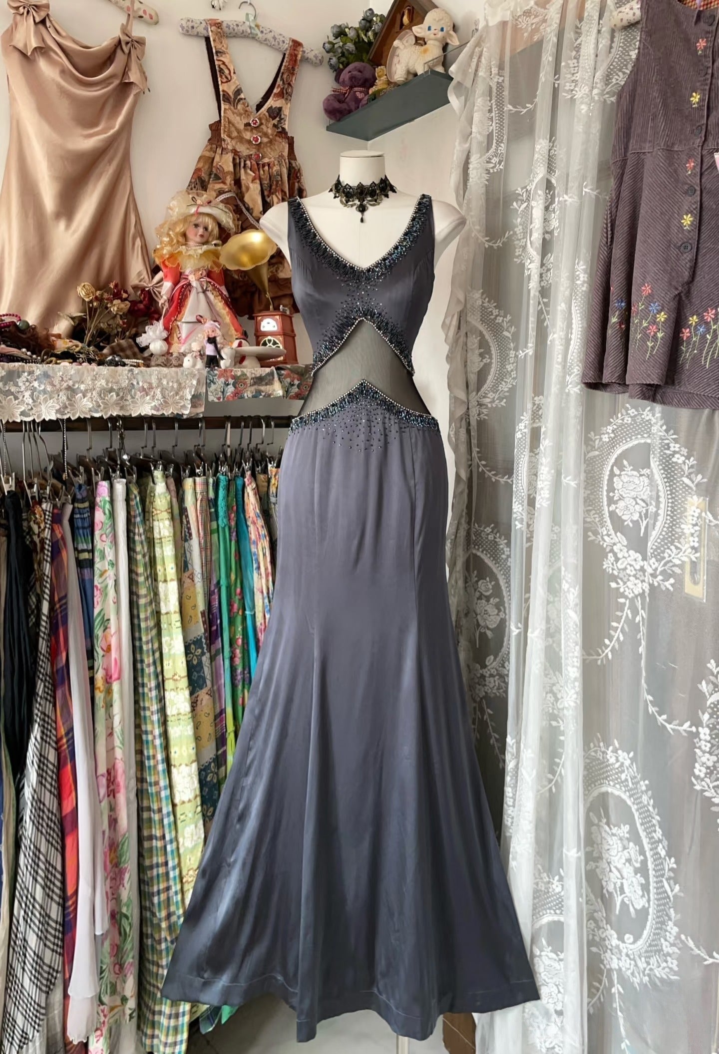 Vintage Fashion Mermaid Straps Floor Length Gray Satin Evening Dress Prom Dresses SD1877