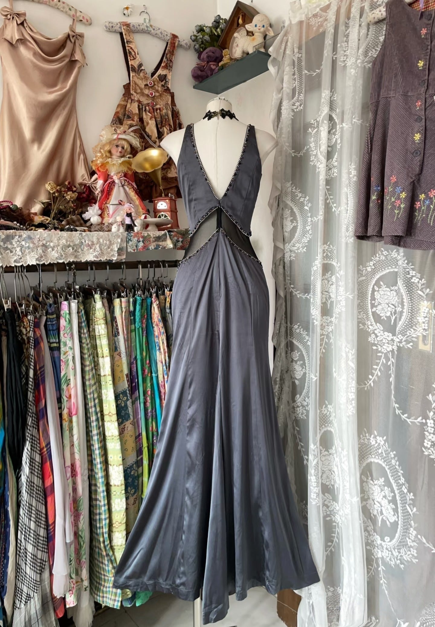 Vintage Fashion Mermaid Straps Floor Length Gray Satin Evening Dress Prom Dresses SD1877