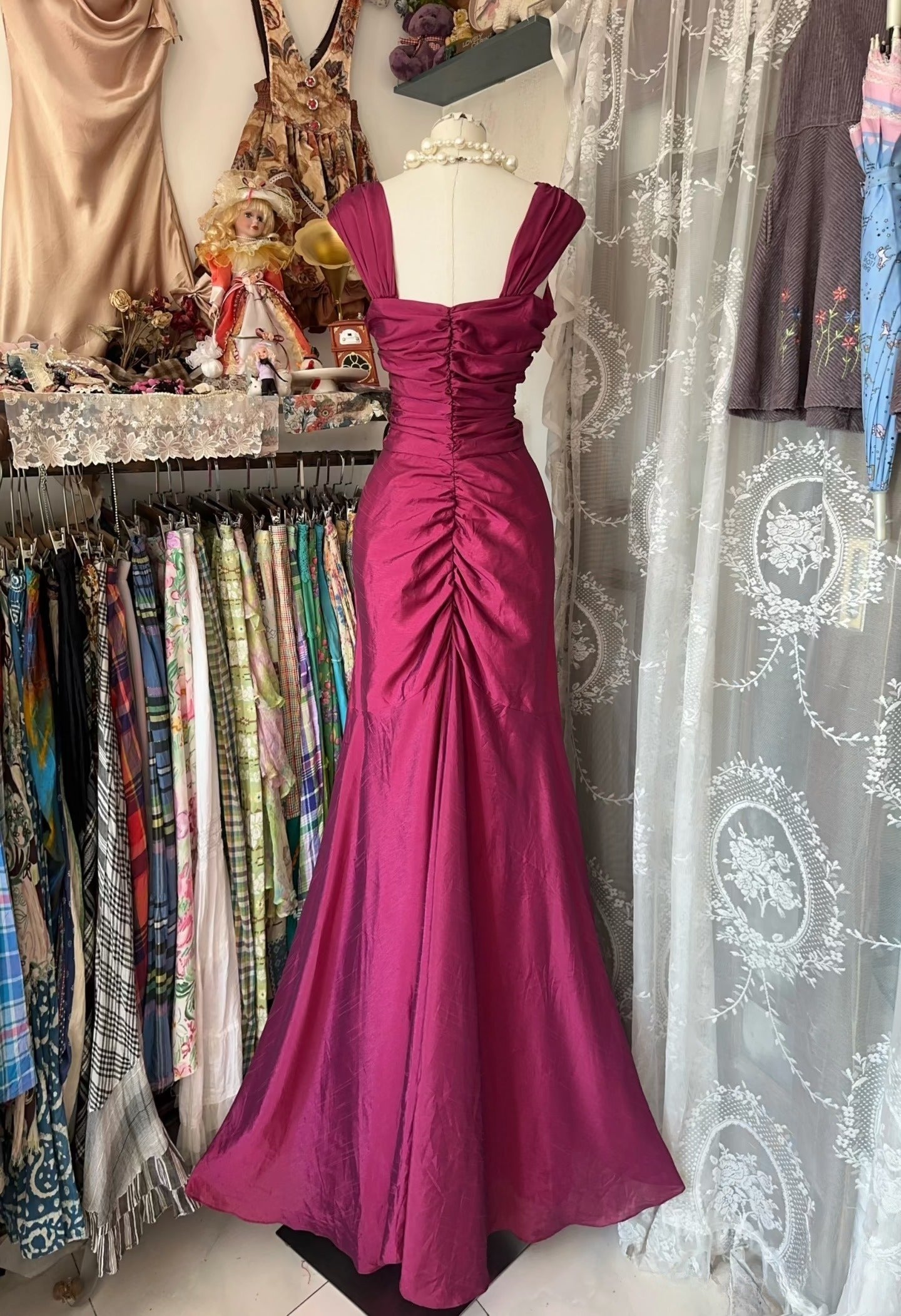 Vintage Fashion Mermaid Floor Length Hot Pink Satin Evening Dress Prom Dresses SD1879