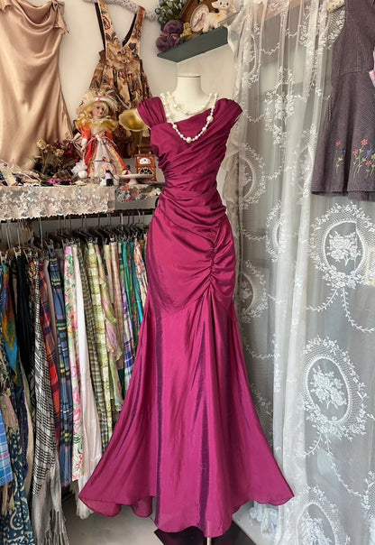 Vintage Fashion Mermaid Floor Length Hot Pink Satin Evening Dress Prom Dresses SD1879